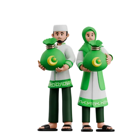 Muslim Couple Giving Zakat  3D Icon