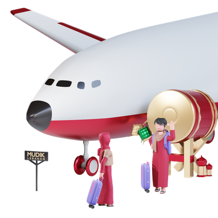 Muslim couple going for trip in plane on Ramadan 3D Illustration