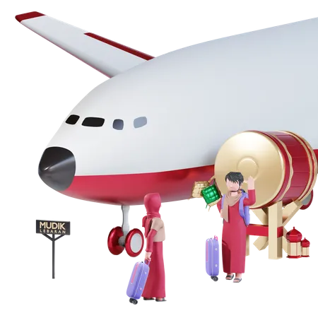 Muslim couple going for trip in plane on Ramadan 3D Illustration