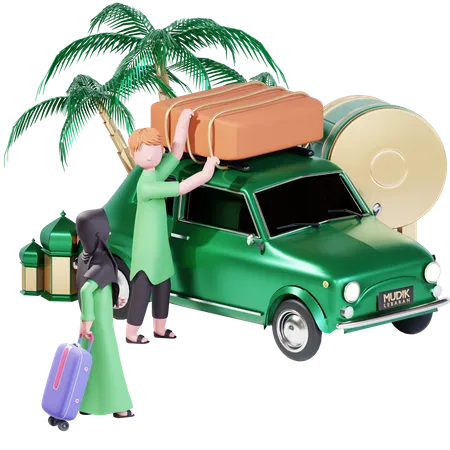 Muslim couple going for trip in Ramadan 3D Illustration