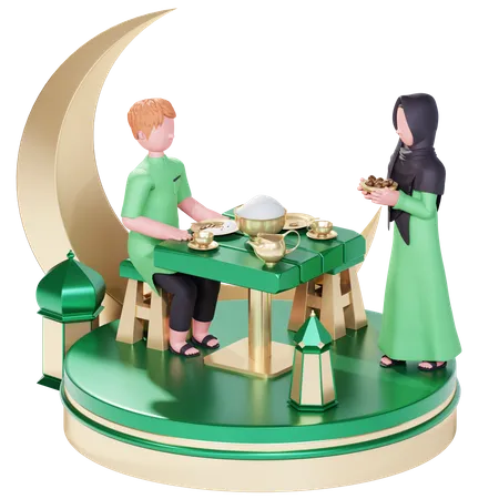 Muslim couple having iftar  3D Illustration