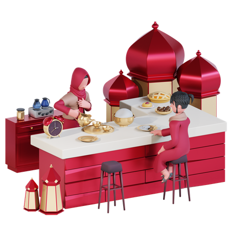 Muslim couple having iftar  3D Illustration