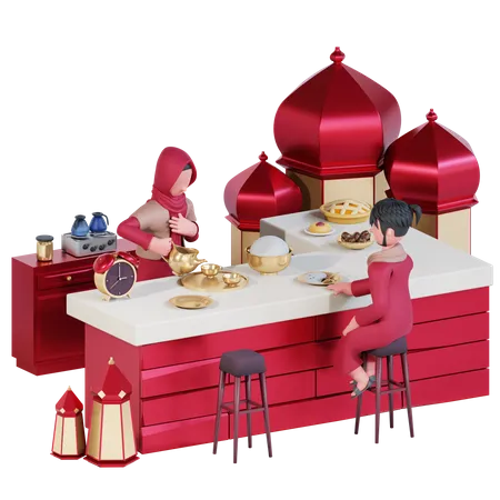 Muslim couple having iftar  3D Illustration