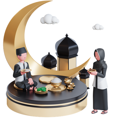 Muslim couple having iftar 3D Illustration