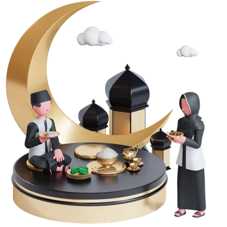 Muslim couple having iftar 3D Illustration