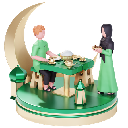 Muslim couple having iftar  3D Illustration