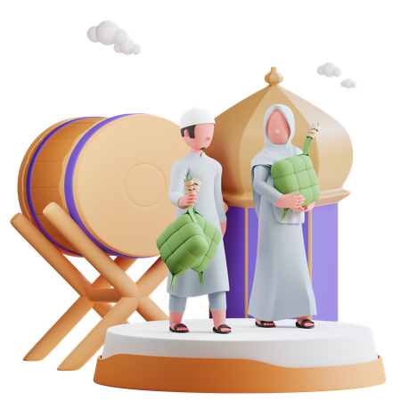 Muslim couple holding ketupat  3D Illustration