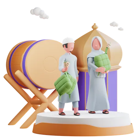 Muslim couple holding ketupat  3D Illustration