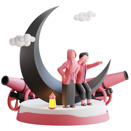 Muslim couple on cannon  3D Illustration