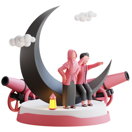 Muslim couple on cannon 3D Illustration