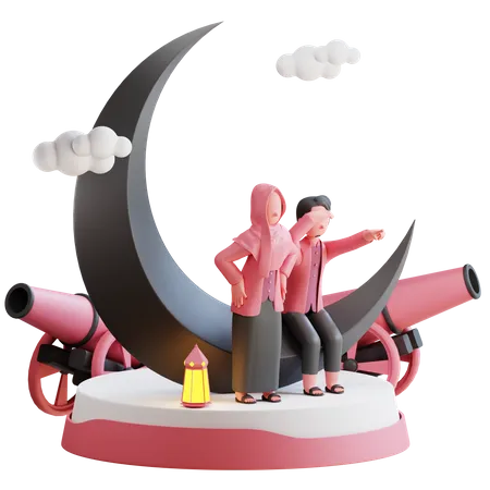 Muslim couple on cannon  3D Illustration