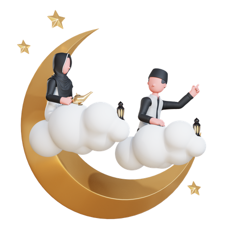 Muslim couple on moon 3D Illustration
