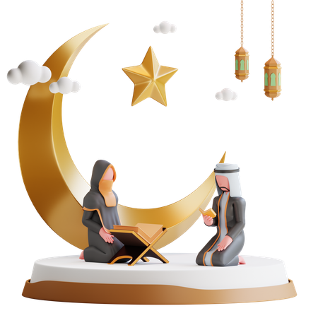 Muslim couple pray in Ramadan  3D Illustration