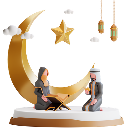 Muslim couple pray in Ramadan  3D Illustration