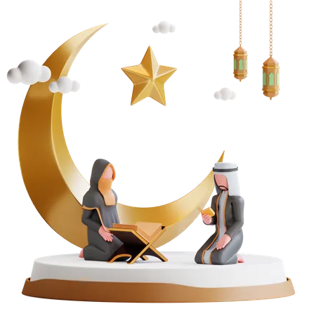Muslim couple pray in Ramadan  3D Illustration