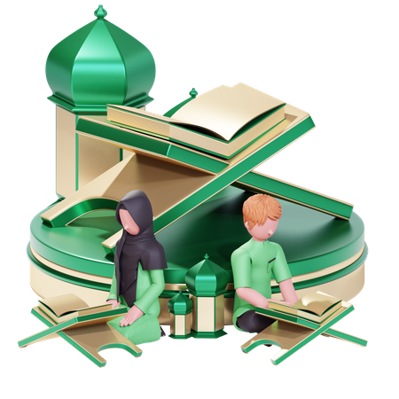 Muslim couple pray in Ramadan 3D Illustration