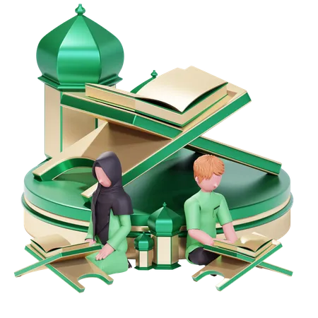 Muslim couple pray in Ramadan 3D Illustration