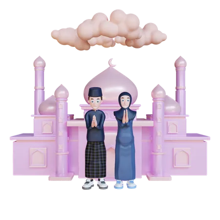 Muslim couple praying at a mosque  3D Illustration