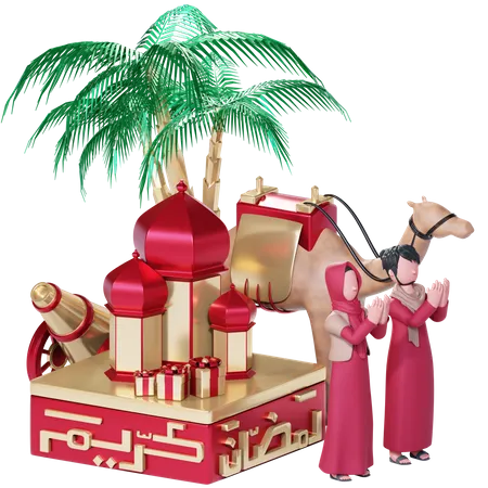 Muslim couple praying at a mosque  3D Illustration