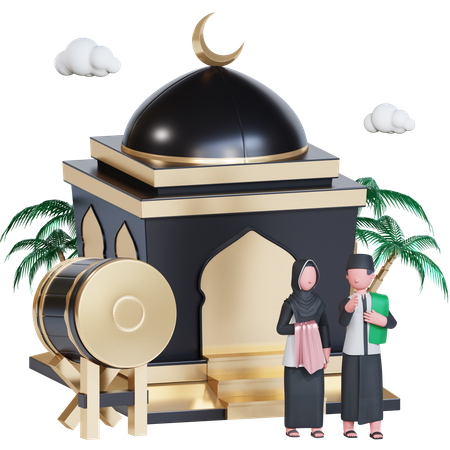 Muslim couple praying at a mosque  3D Illustration