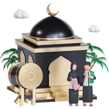 Muslim couple praying at a mosque  3D Illustration