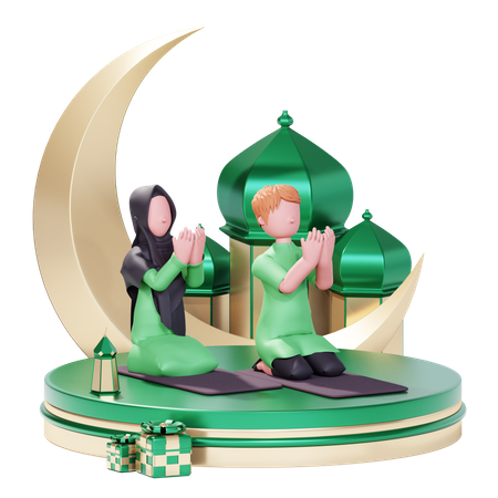 Muslim couple praying at a mosque  3D Illustration