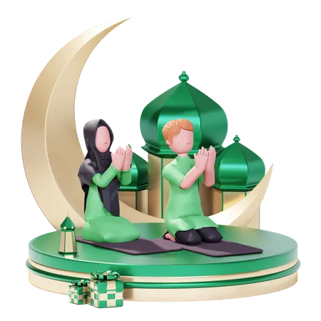 Muslim couple praying at a mosque  3D Illustration