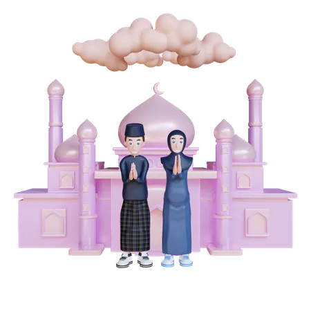 Muslim couple praying at a mosque 3D Illustration