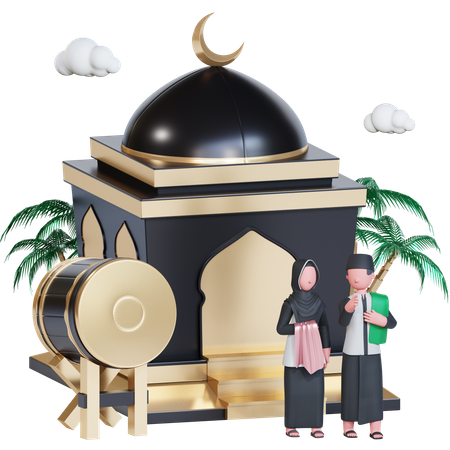 Muslim couple praying at a mosque 3D Illustration