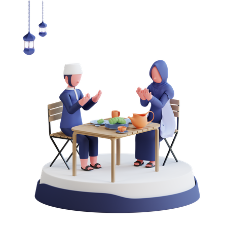 Muslim couple praying before having iftar  3D Illustration
