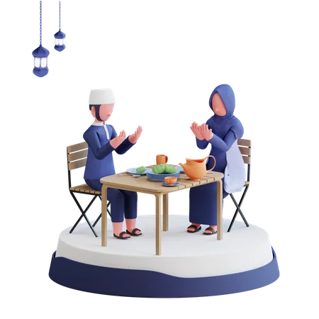 Muslim couple praying before having iftar 3D Illustration
