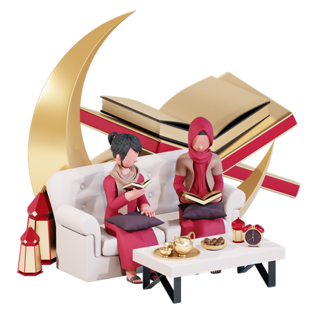 Muslim couple praying before iftar  3D Illustration