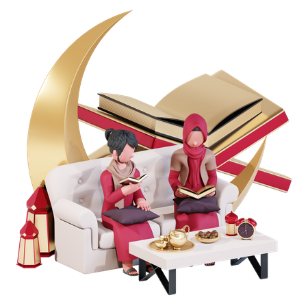 Muslim couple praying before iftar 3D Illustration
