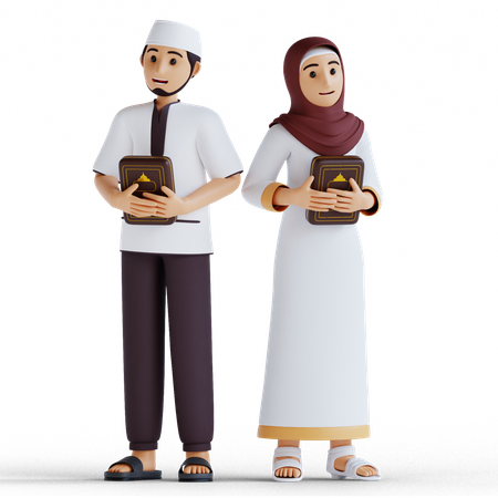 Muslim couple reading Quran in the holy month of Ramadan 3D Illustration