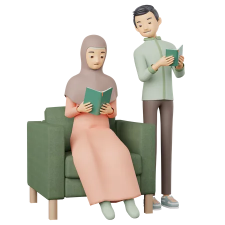 Muslim Couple Reciting Holy Quran  3D Illustration