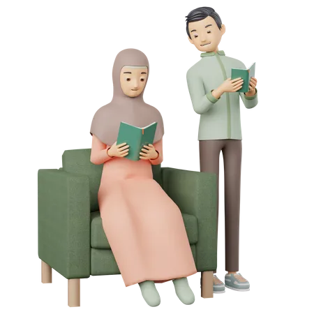 Muslim Couple Reciting Holy Quran 3D Illustration