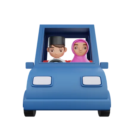 Muslim Couple riding car  3D Illustration