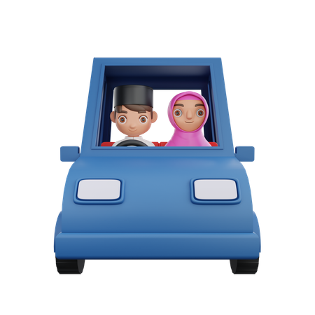 Muslim Couple riding car  3D Illustration