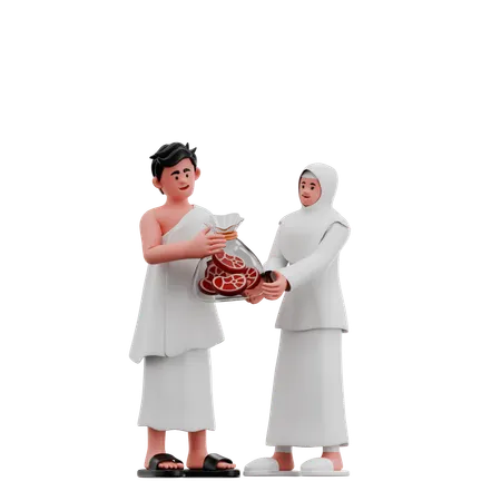 Muslim Couple Share Sacrificial Meat  3D Illustration