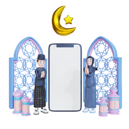 Muslim couple standing with blank mobile screen  3D Illustration