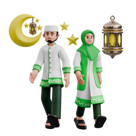 Muslim Couple Walking Together  3D Icon