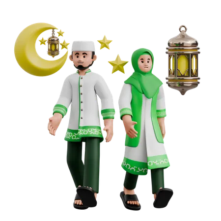 Muslim Couple Walking Together  3D Icon