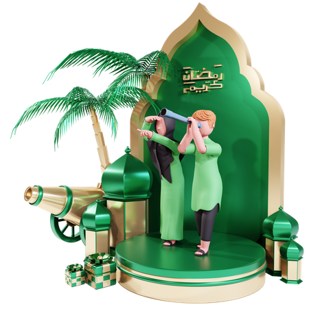 Muslim couple watching moon with telescope  3D Illustration