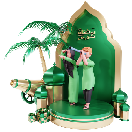 Muslim couple watching moon with telescope 3D Illustration