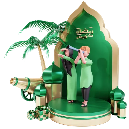Muslim couple watching moon with telescope  3D Illustration