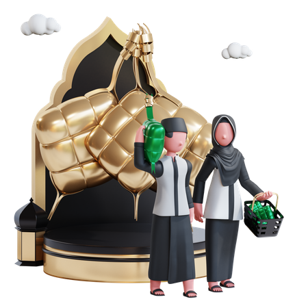 Muslim couple with ketupat  3D Illustration