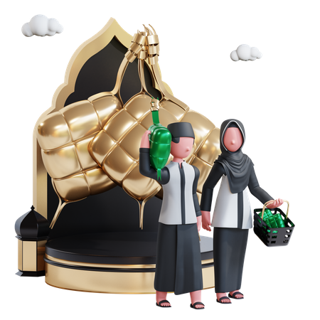 Muslim couple with ketupat 3D Illustration