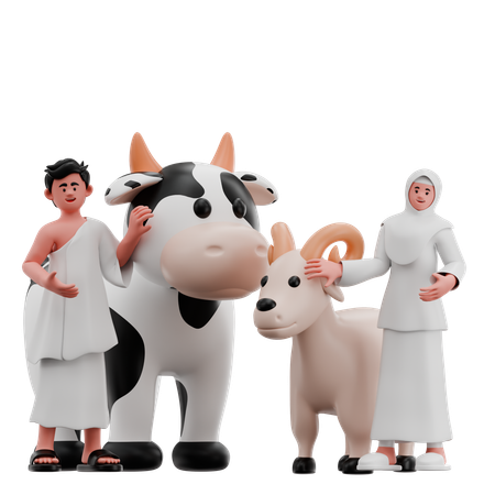 Muslim Couple With Sacrificial Animal  3D Icon