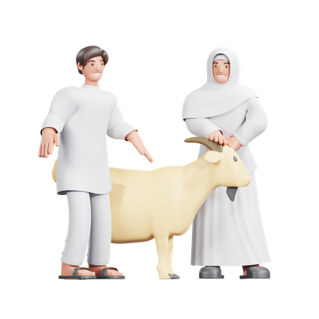 Muslim Couple With Sacrificial Animal  3D Illustration