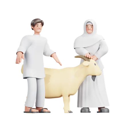 Muslim Couple With Sacrificial Animal  3D Illustration
